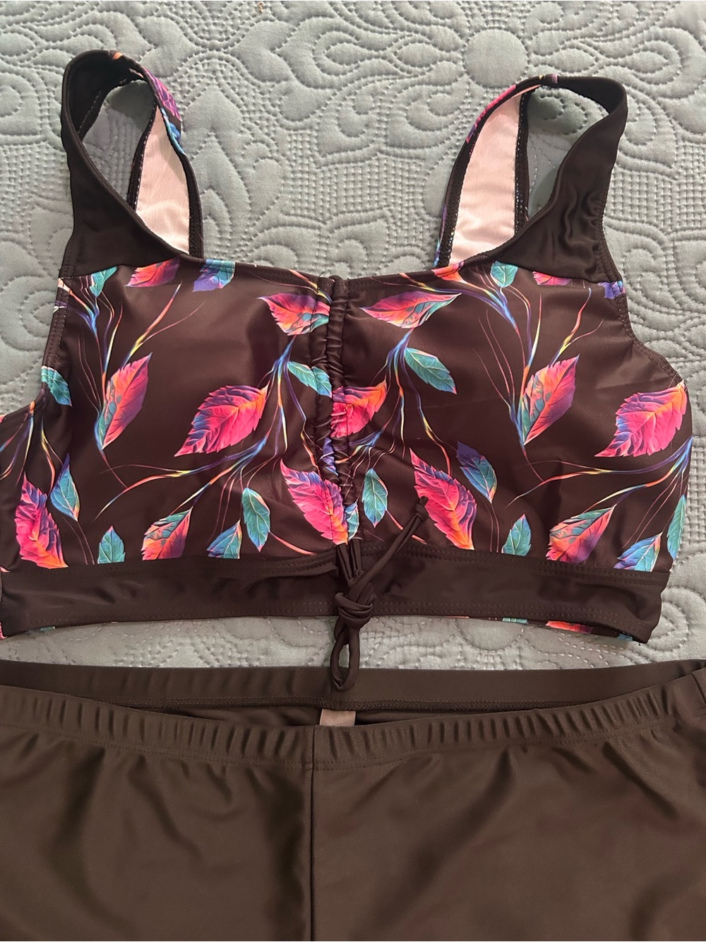 Women’s Black Floral-Print Swim Top Adjustable Front Tie and Black Boy Bottom